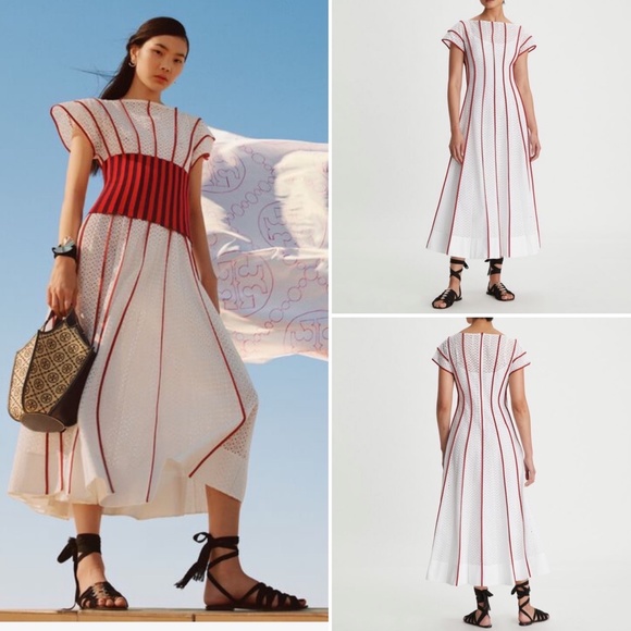 Tory Burch Dresses & Skirts - Tory Burch Honeycomb Eyelet Dress Midi Striped 2 $1498 Runway